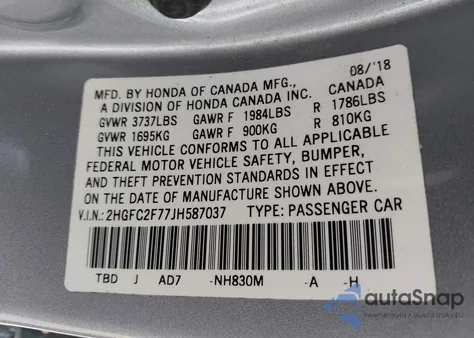 2018 Honda Civic Ex from USA, damaged, VIN 2HGFC2F77JH587037